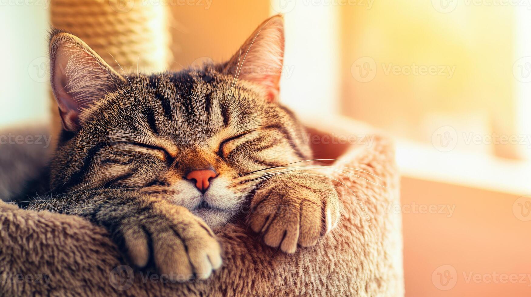 Cat resting peacefully in cozy bed by the window during daylight photo