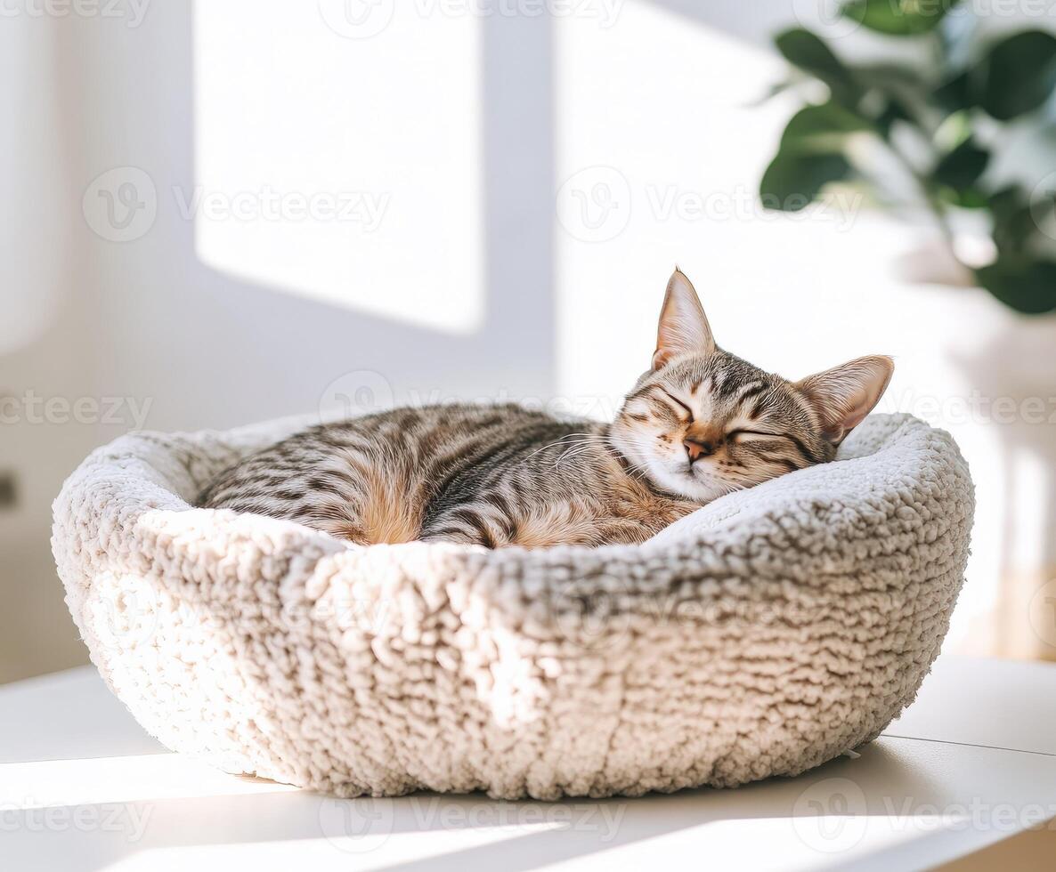 Cat relaxing peacefully in soft bed indoors during daytime photo