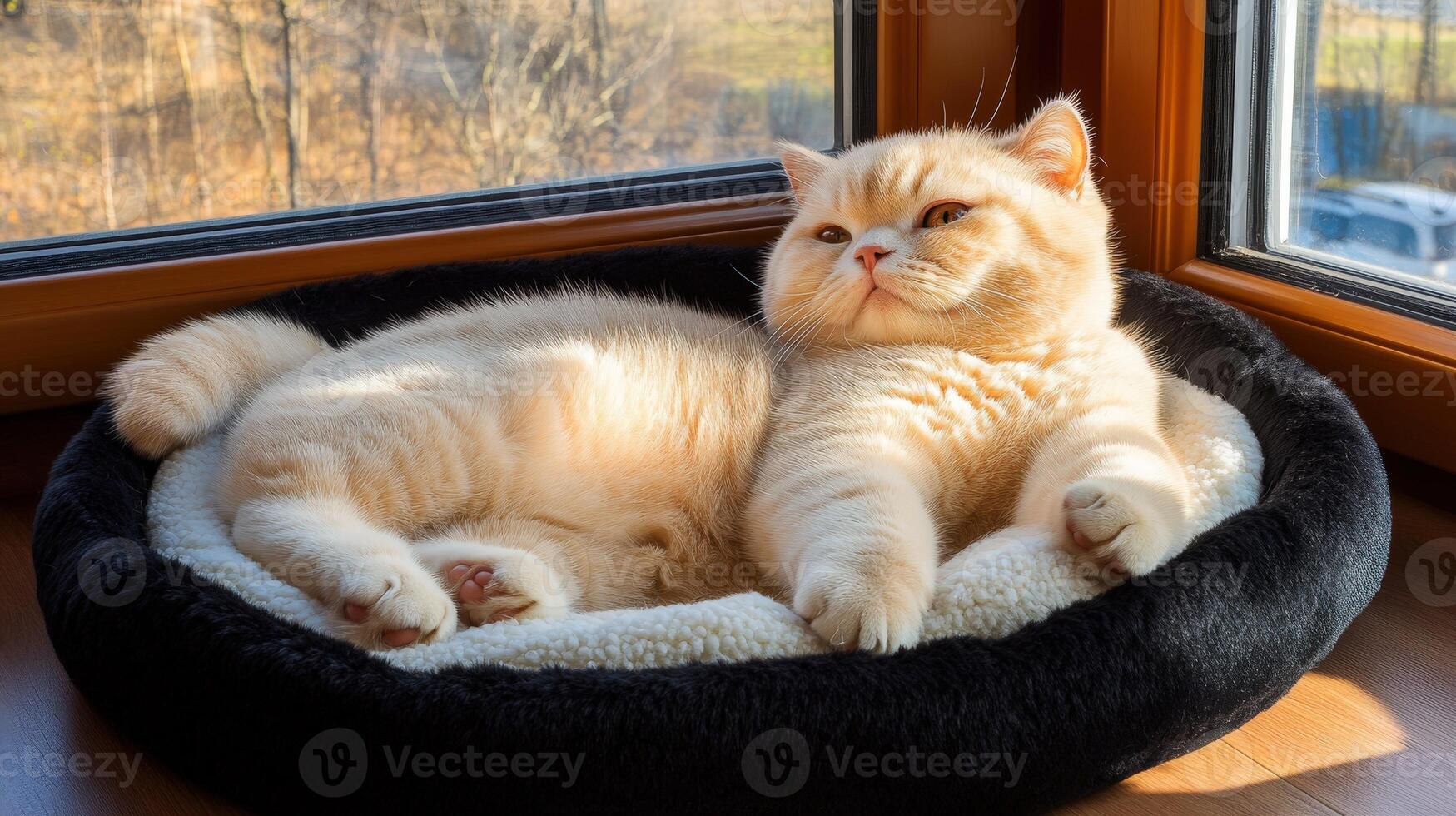 Cat resting comfortably in a cozy bed by the window indoors photo