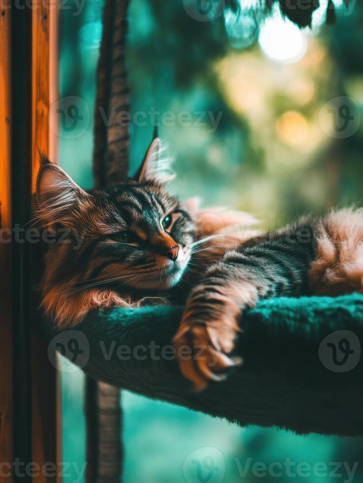 Cat resting peacefully in cat bed by the window indoors photo