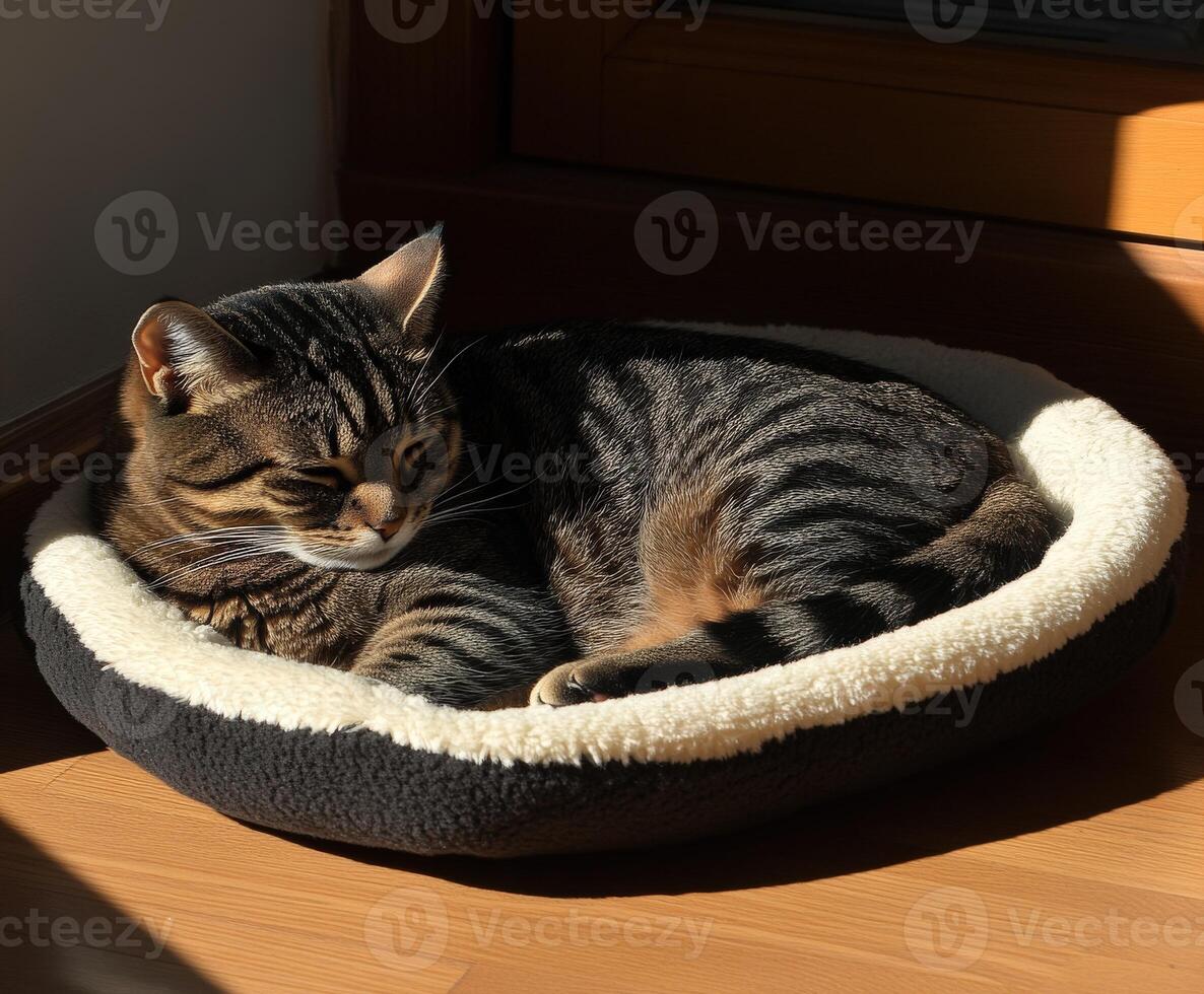 Cat lounging contentedly in a cozy bed by the sunny window indoors photo