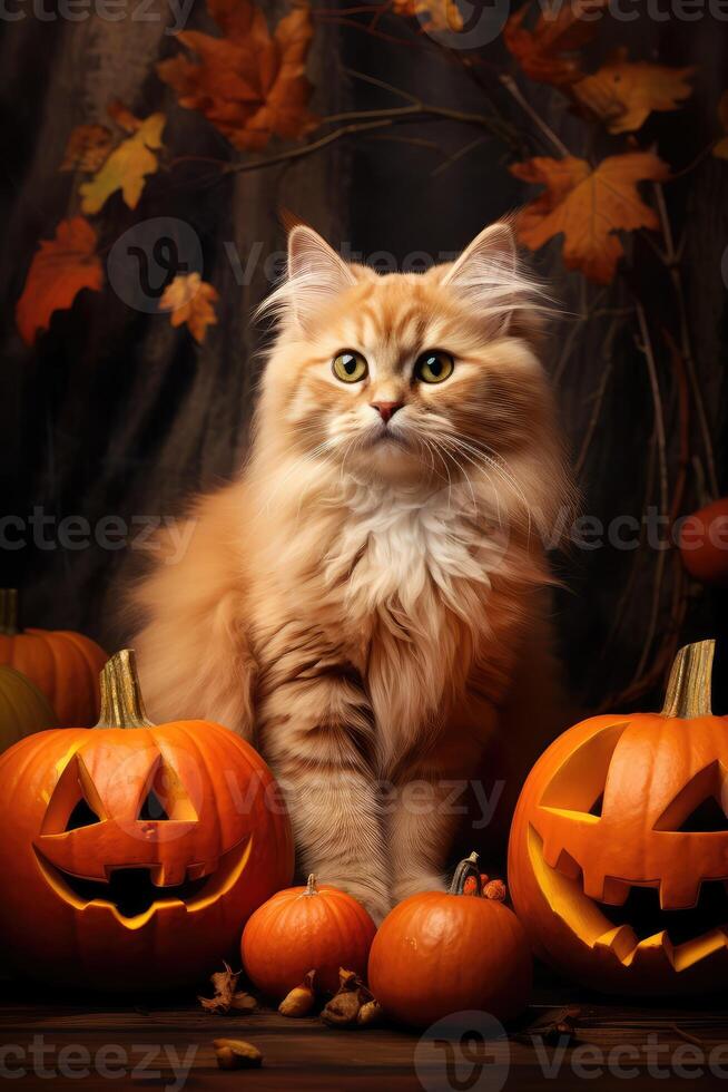 Fluffy orange cat among carved pumpkins and autumn leaves photo