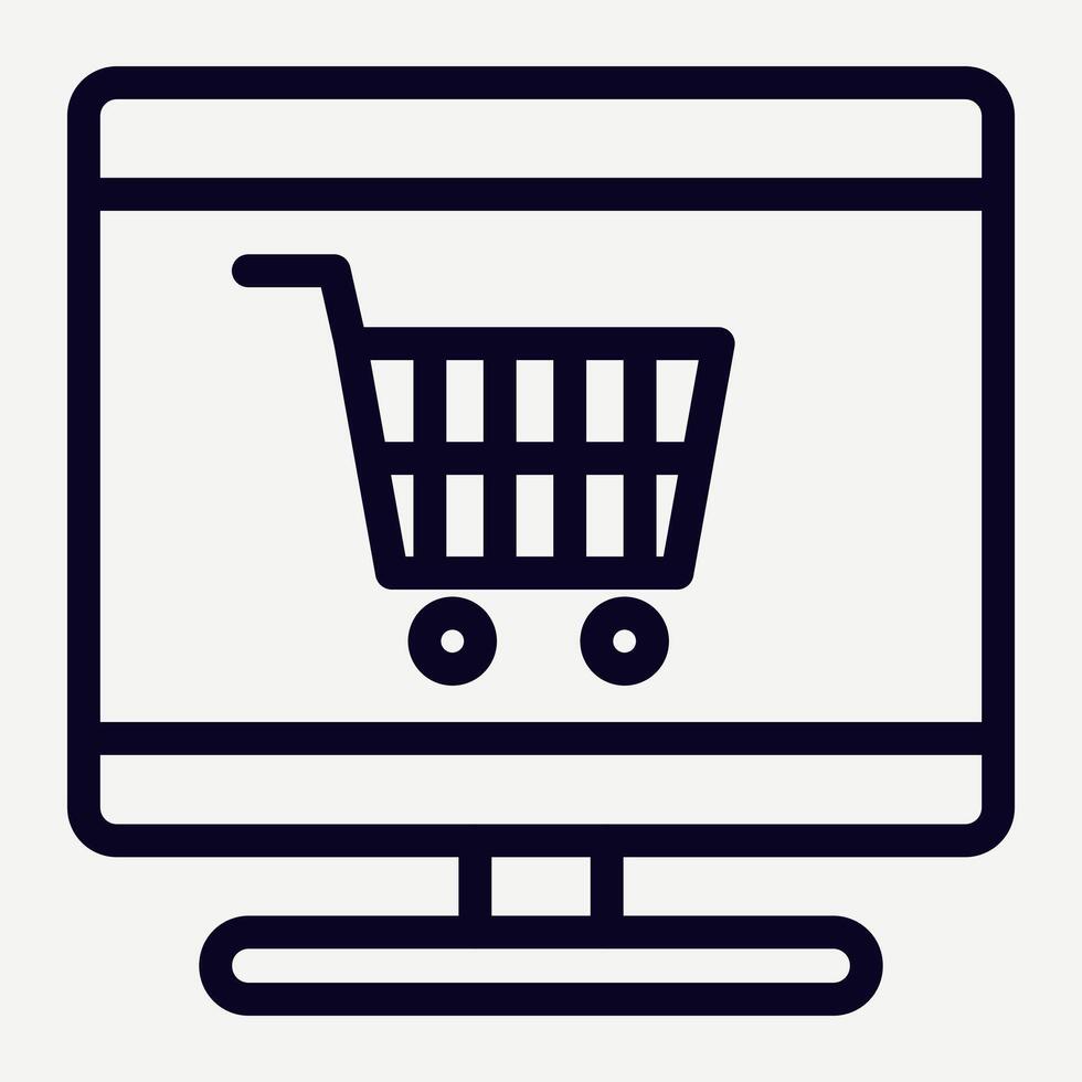 Online Shopping icon, illustration of a shopping basket on a computer depicting buying and selling in an online store, suitable for website application buttons and presentations. vector
