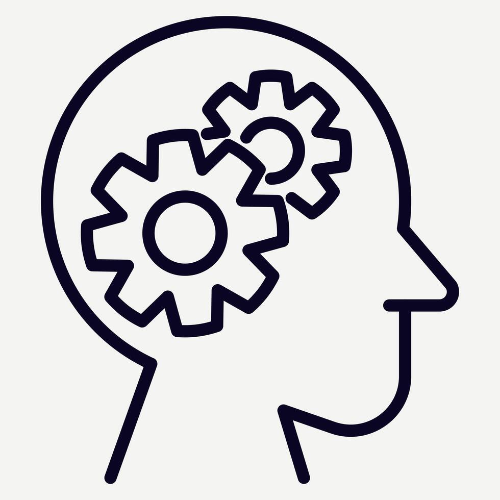 head with gear icon in line style, illustration of creative thinking, thought process, logic, problem solving, suitable for website application buttons and infographic elements. vector