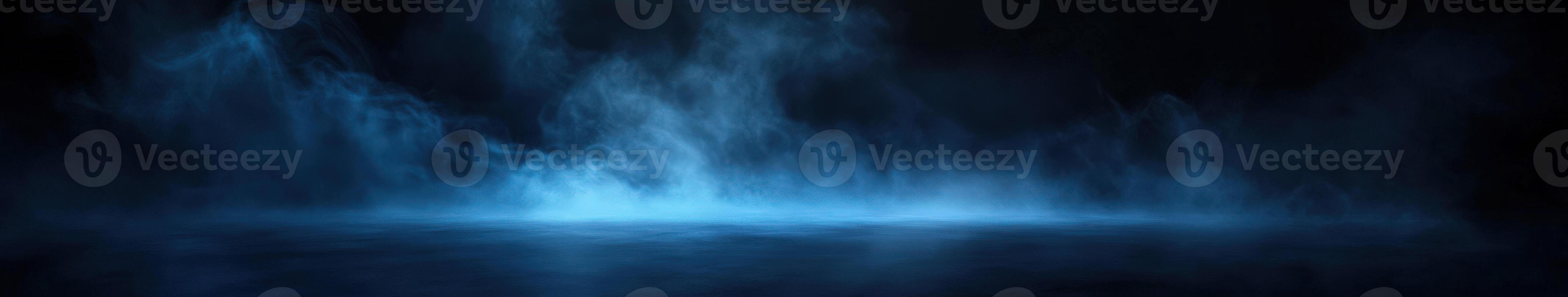 Misty blue landscape at night with fog over calm water surface photo