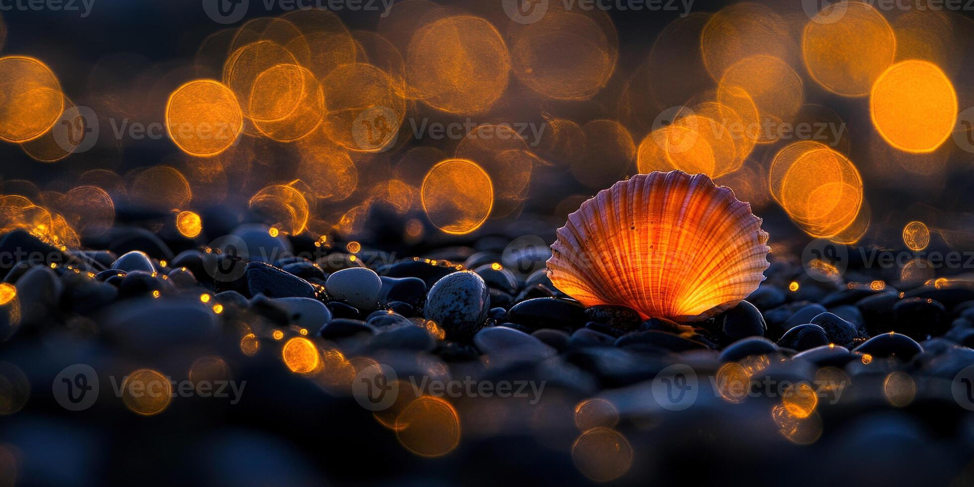 Orange and white seashell resting on pebbled beach at sunset photo