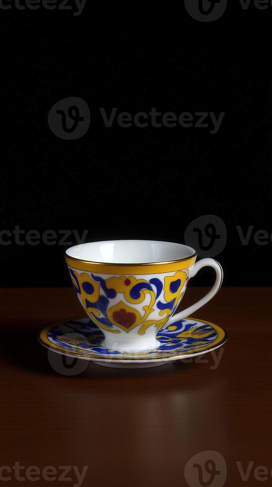 Decorative tea cup and saucer with intricate design on wooden table photo