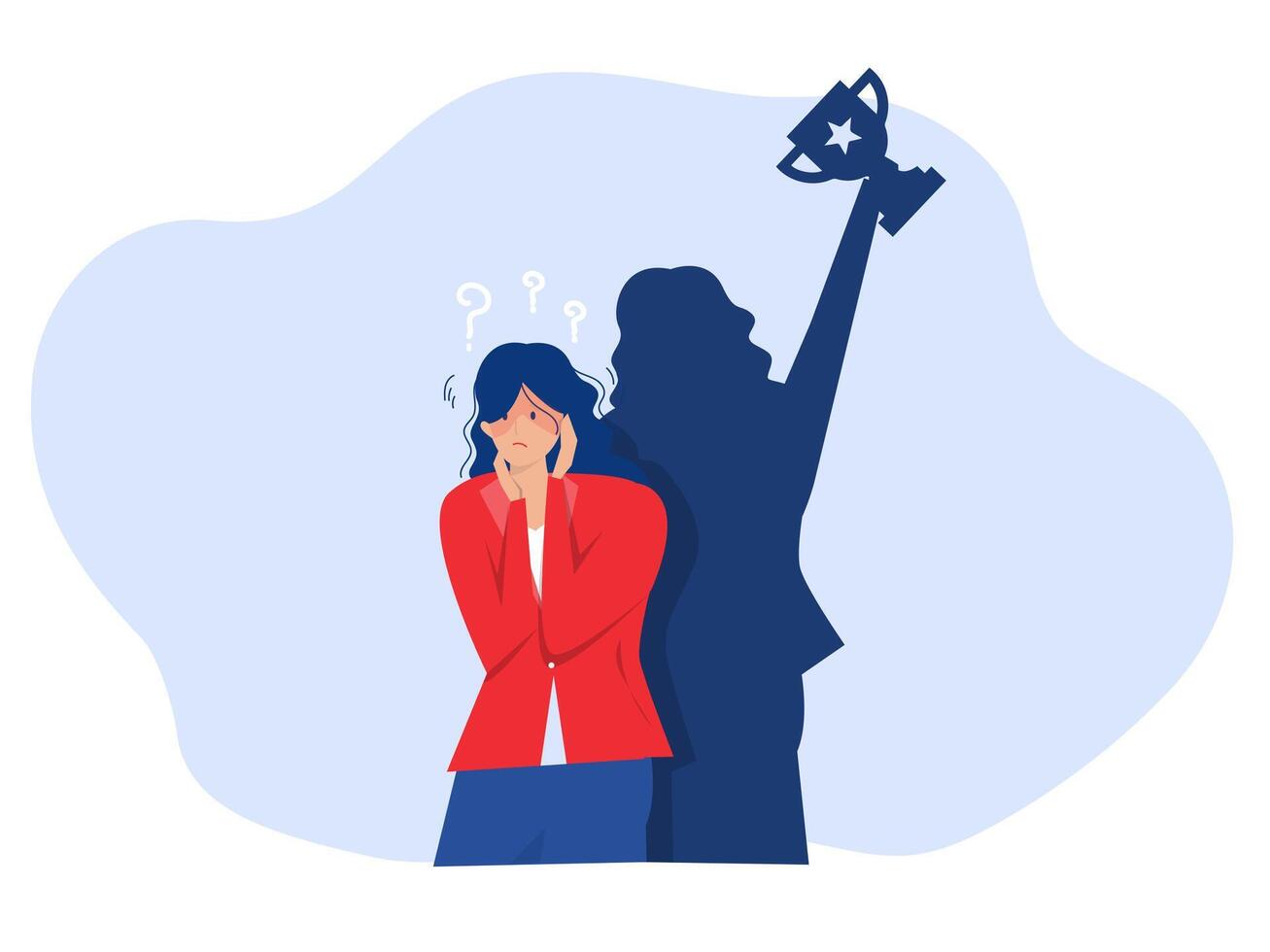 Imposter syndrome.shadow woman standing for her present profile take award with Anxiety and lack of self confidence at work the person fakes is someone else concept vector