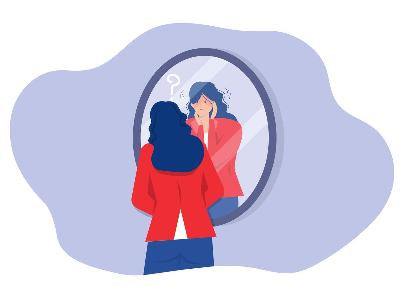 imposter syndrome, businesswoman looking shadow himself through mirror for Anxiety and lack of self confidence at work vector