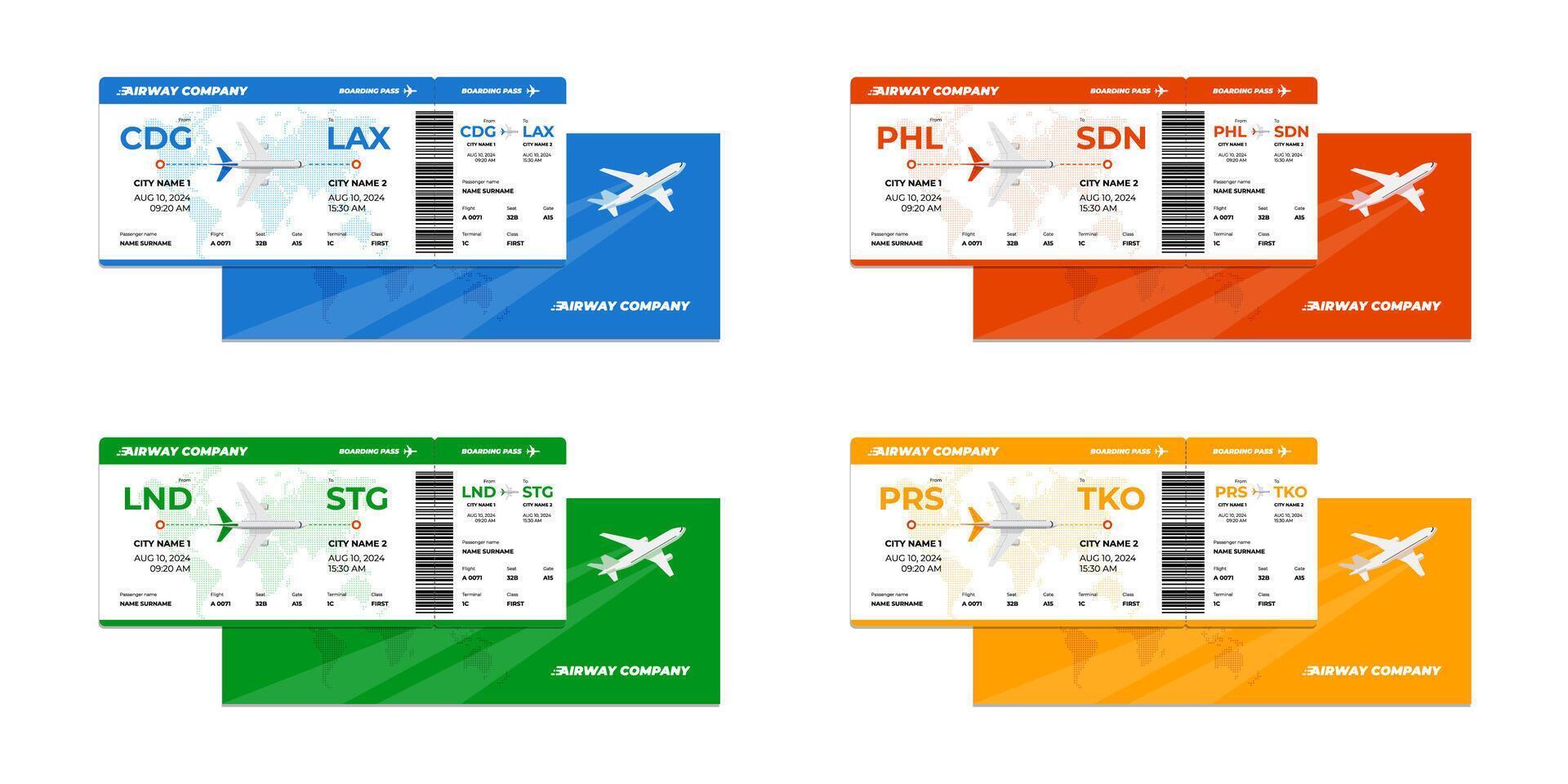 Airline ticket and airplane boarding pass design template set. Business plane journey airways company passenger name and flight information. Flying travel booking different colors coupon. Eps vector