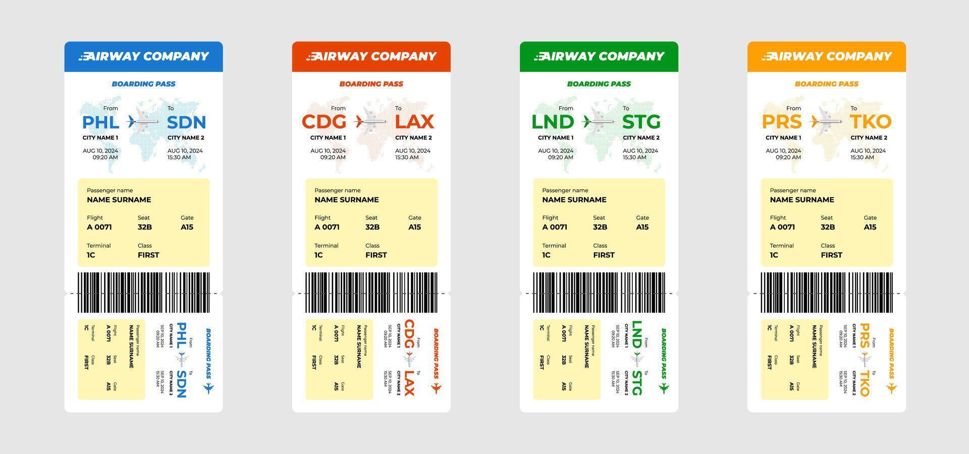 Airline ticket and airplane boarding pass vertical design template set. Business plane journey airways company passenger name and flight information. Flying travel booking different colors coupon. Eps vector