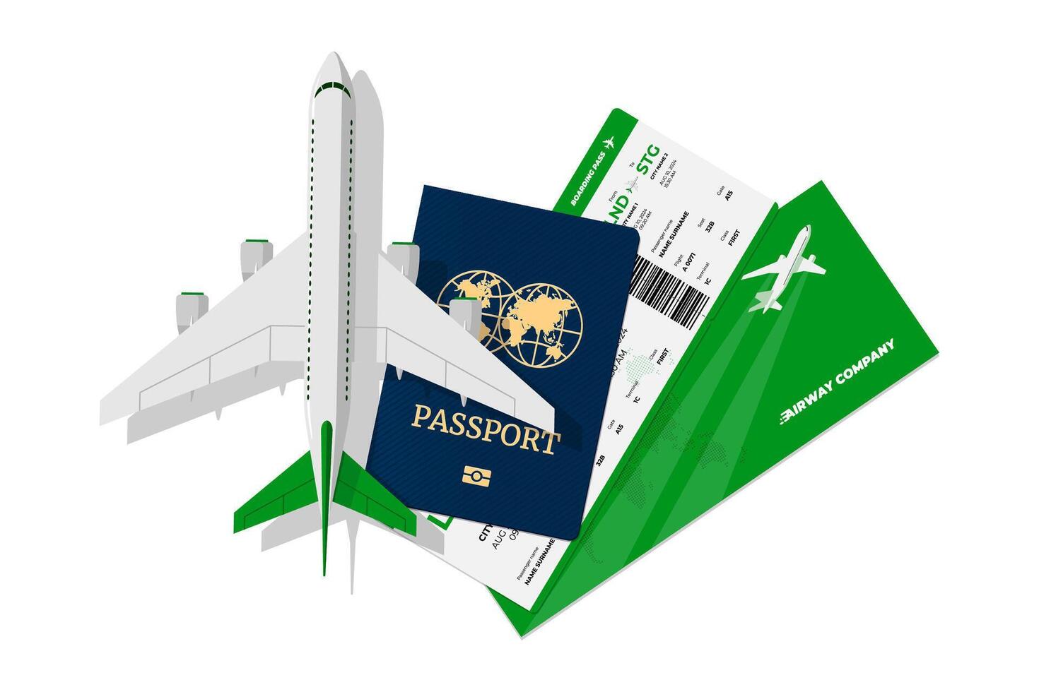 Passenger airplane flying above international passport with airway flight green ticket. Personal identification document and airline boarding pass. Air travel journey booking sign with citizenship id vector