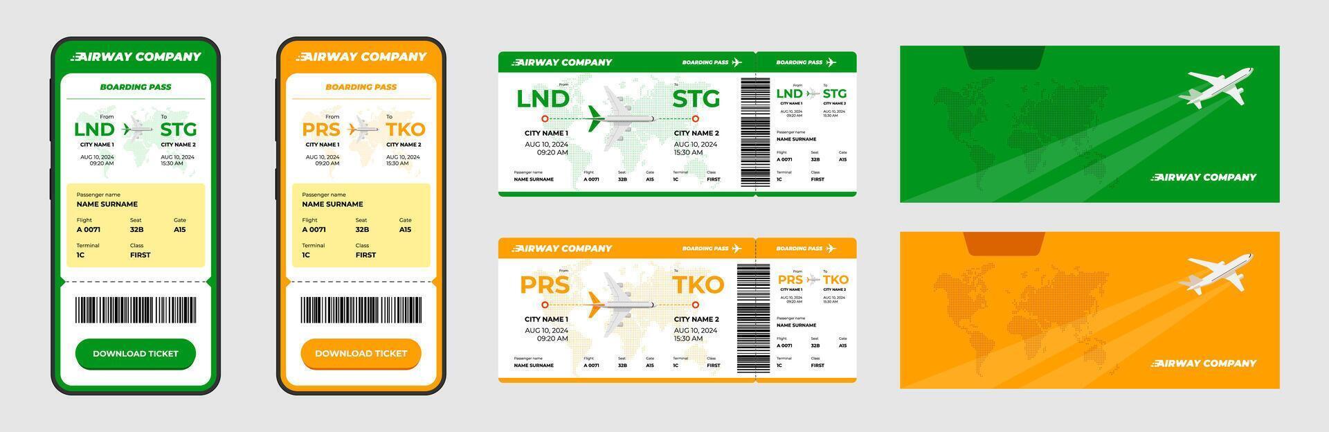 Airline flight ticket and airplane boarding pass design. Passenger name and flight details. Online flight travel booking mobile app on screen. Business plane journey airways company eticket document vector
