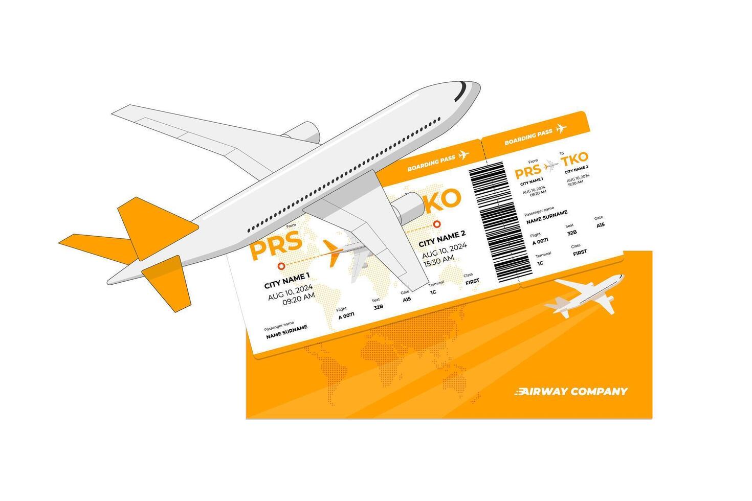 Passenger plane flying above airplane yellow ticket. Air travel boarding pass sign concept. Flight tourism journey booking icon. Airways company document isolated eps symbol vector