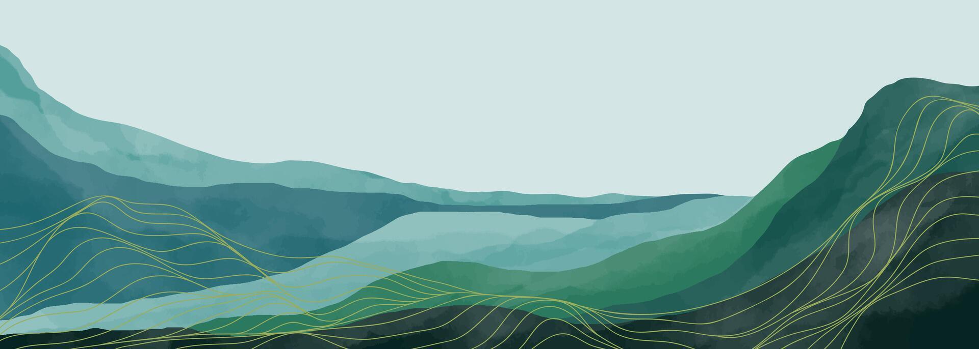 Mountain landscape watercolor painting illustration with line art pattern. Abstract contemporary aesthetic backgrounds landscapes. mountains, hills and line art vector