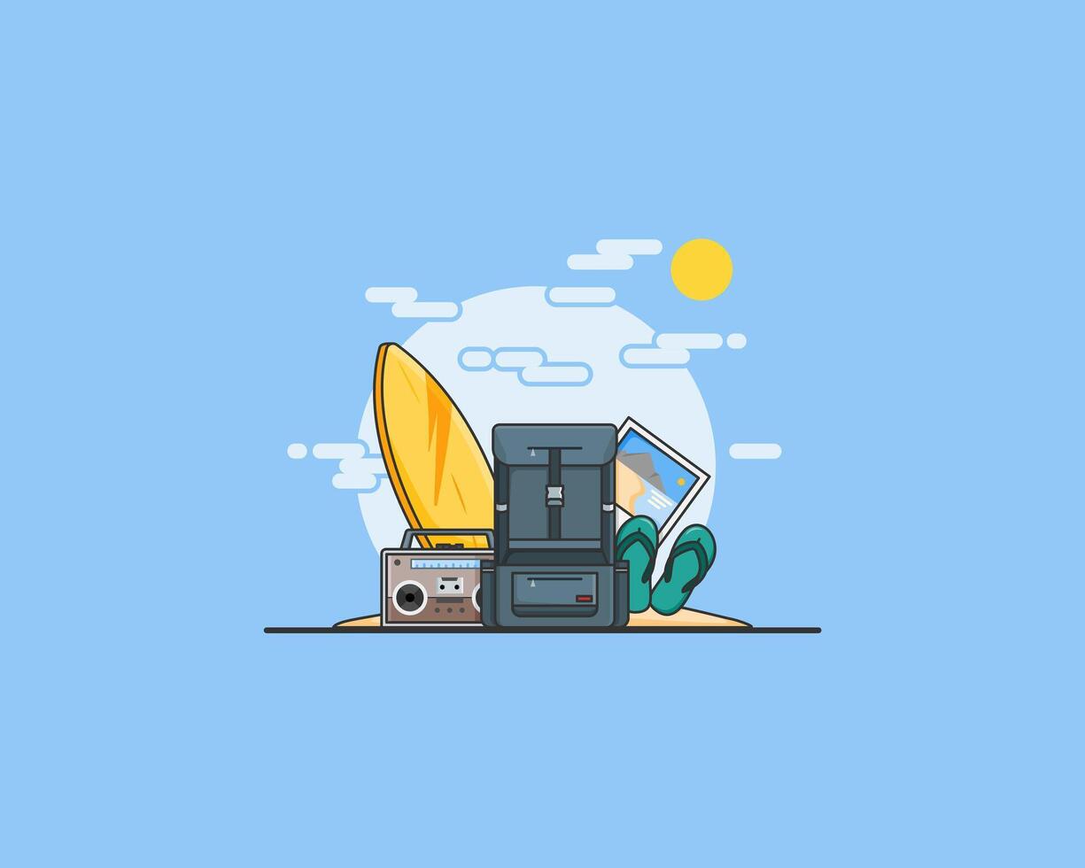 summer illustration with backpack, sandals, radio and surfboard vector