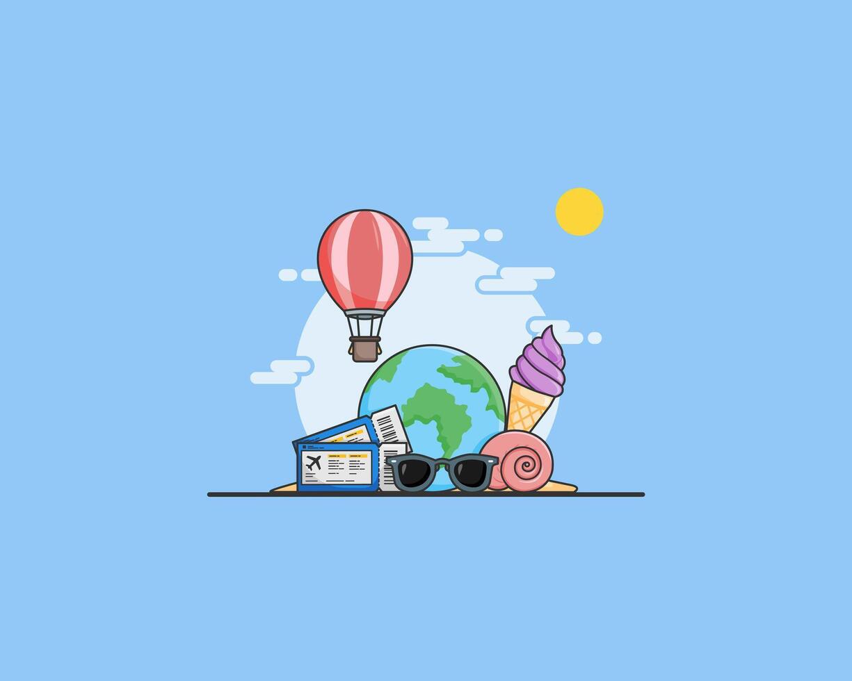 summer illustration with around the world, hot air balloons and beach holiday tickets vector