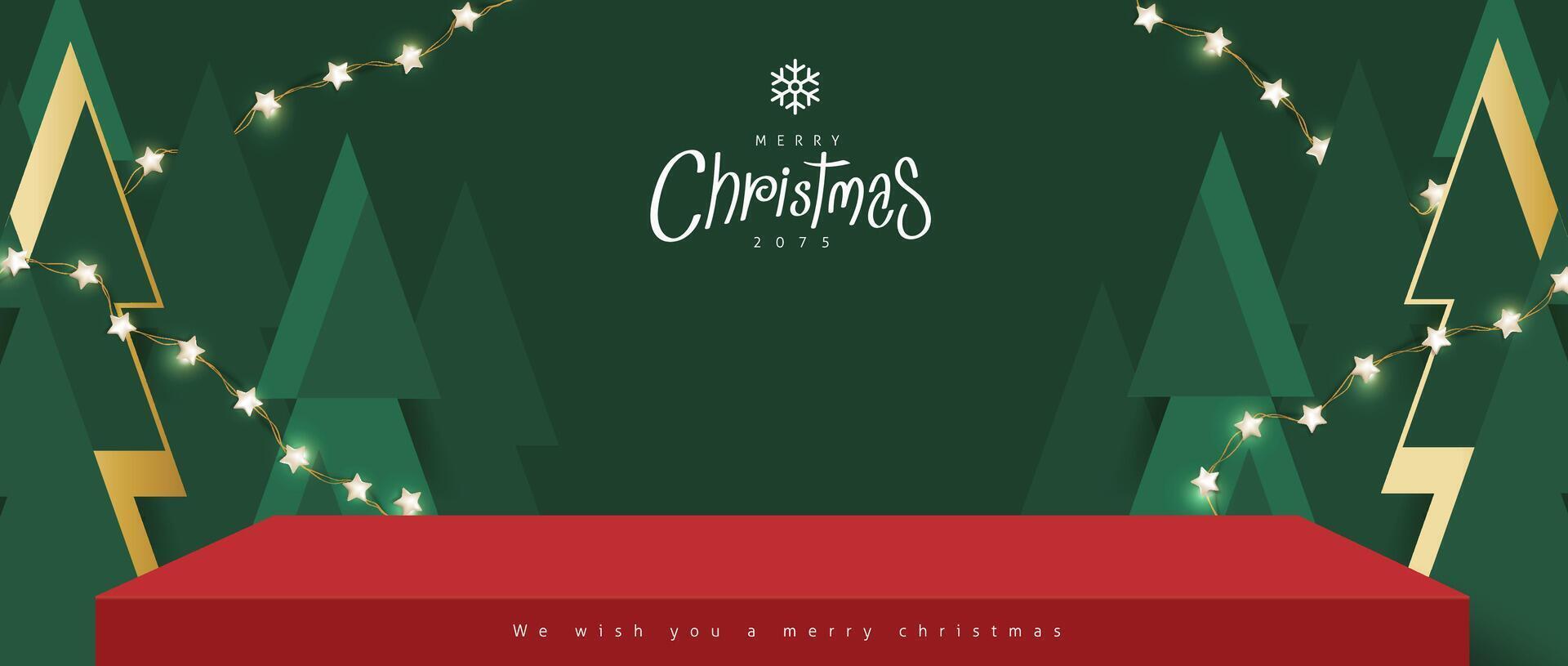 Merry Christmas banner with red product display and Christmas tree abstract background vector