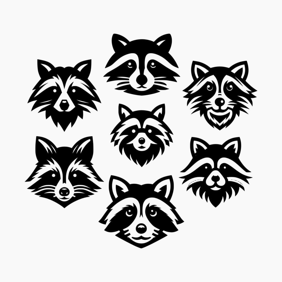 set of raccoon head silhouette logo design illustration vector
