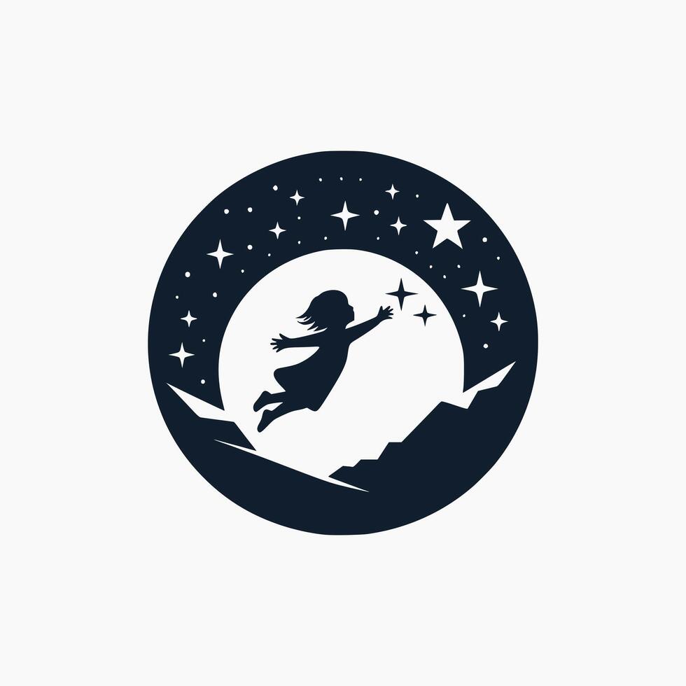 silhouette logo of a girl flying towards the stars on a white moon background vector