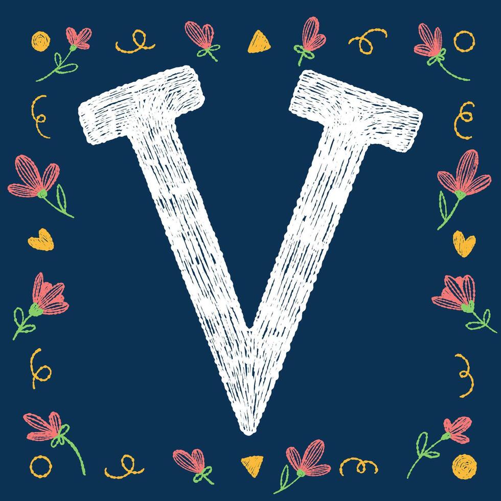 Playful hand-drawn alphabet letter V with decorative elements on a blue background, ideal for educational and creative design projects. vector