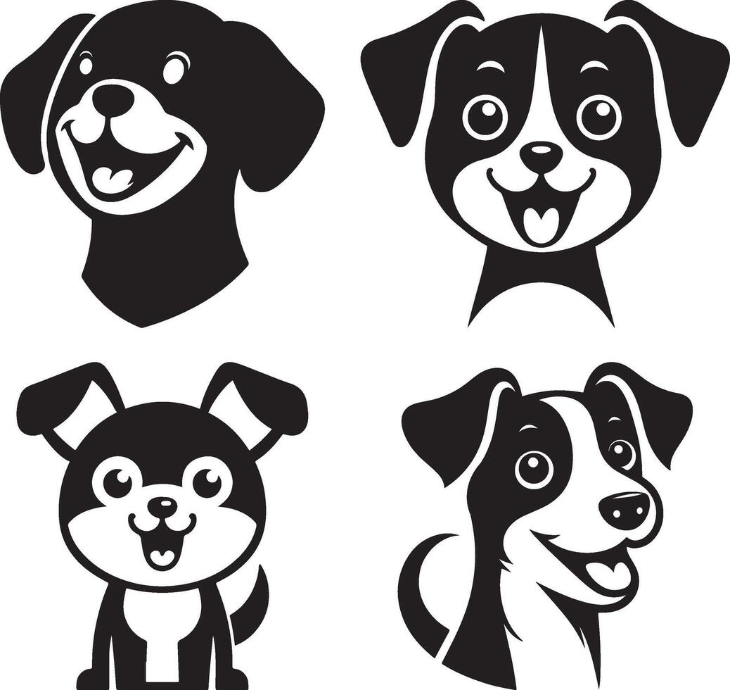 four black and white silhouettes of dogs and the illustrator vector