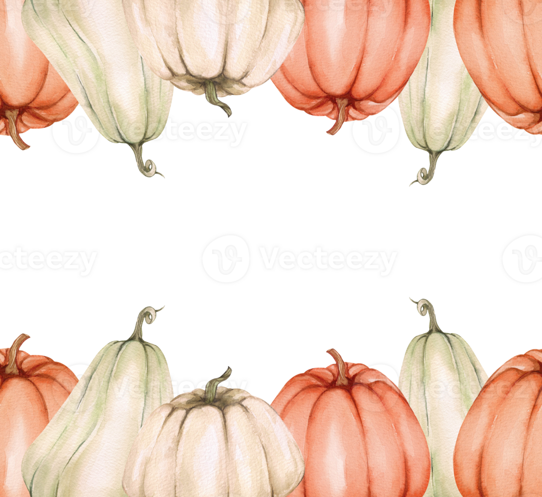 Watercolor frame with pumpkins. Autumn card with place for text, pumpkins, autumn theme, harvest. Design of invitations, congratulations, menu. png