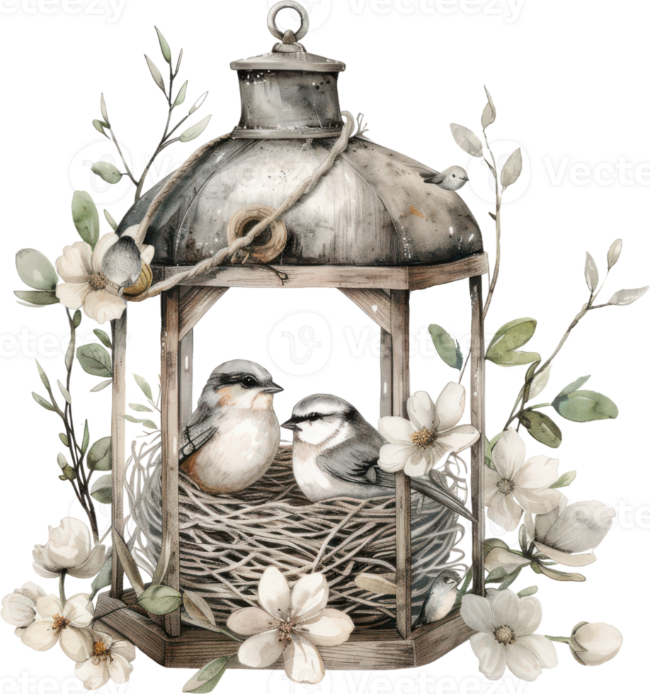 A bird is sitting in a birdhouse with two other birds png