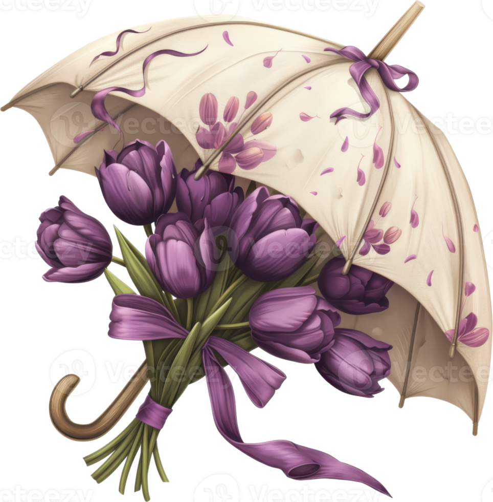 A bouquet of purple tulips is under a white umbrella. The flowers are arranged in a way that they look like they are being held by the umbrella. Concept of protection and care png