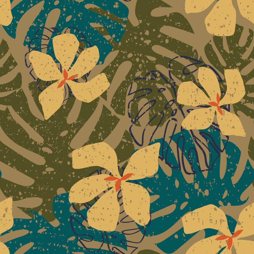 Grunge mid century modern art with hand drawn tropical flower and leaf background seamless pattern vector