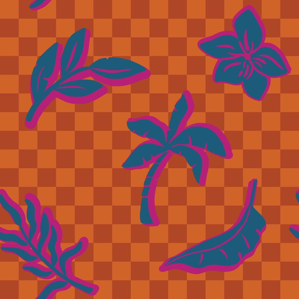 Retro tropical checkerboard vibrant seamless pattern with leaf floral and palm tree vector