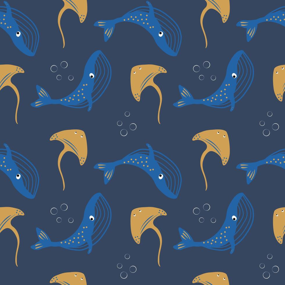 Hand drawn blue whale and stingray fish underwater seamless pattern vector