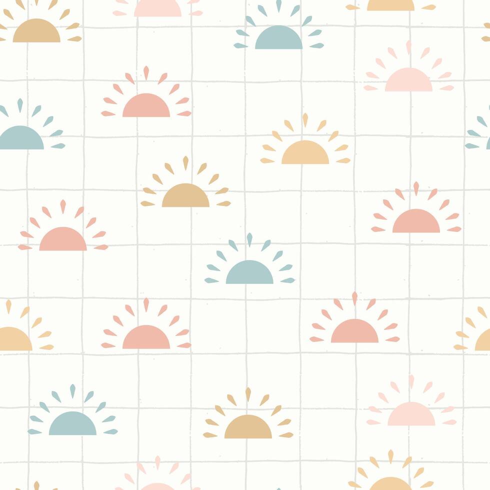 Hand drawn sun doodle seamless pattern on abstract plaid texture background vector