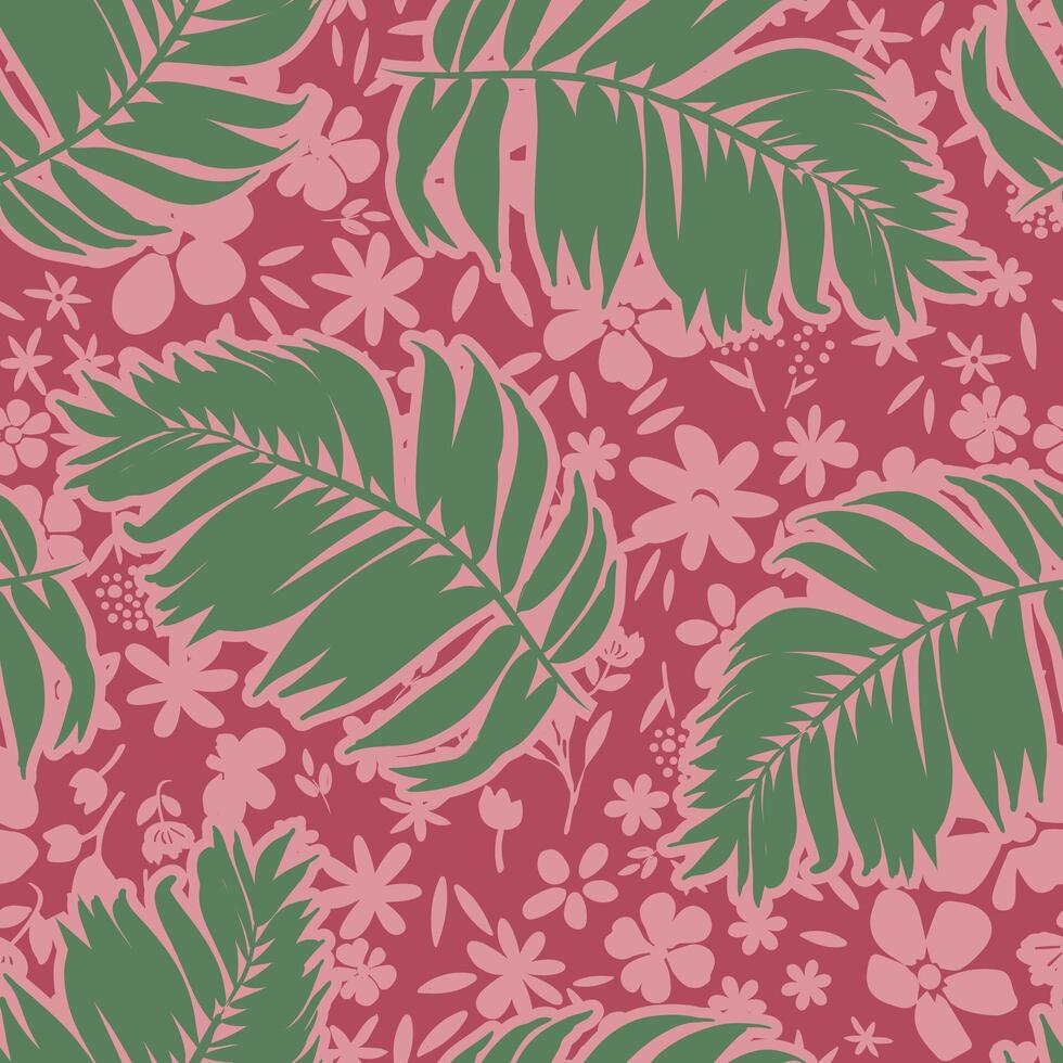 Tropical palm leaf seamless pattern on hand drawn small ditsy flower background vector