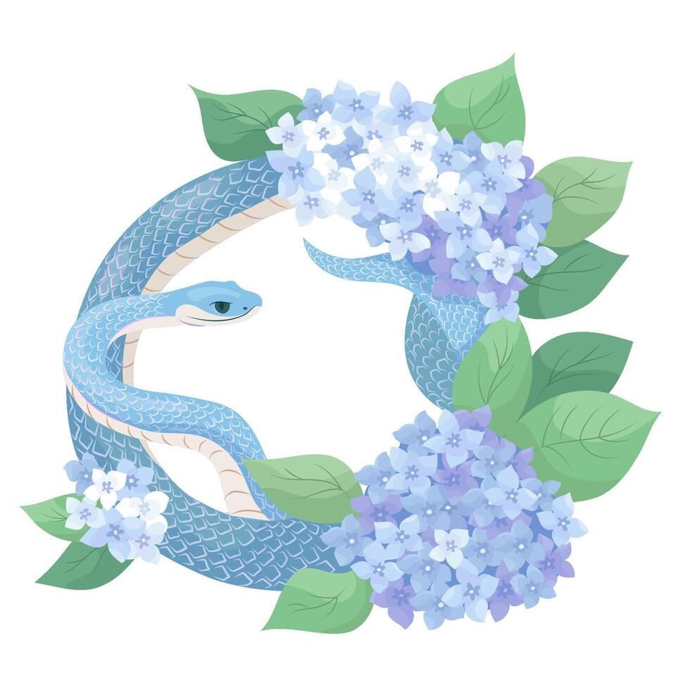Snake with summer inflorescences hydrangea illustration template for 2025 Year of Snake Flowers composition with symbol of the Chinese new year. Typography for print on tee, card, flyer, banner vector