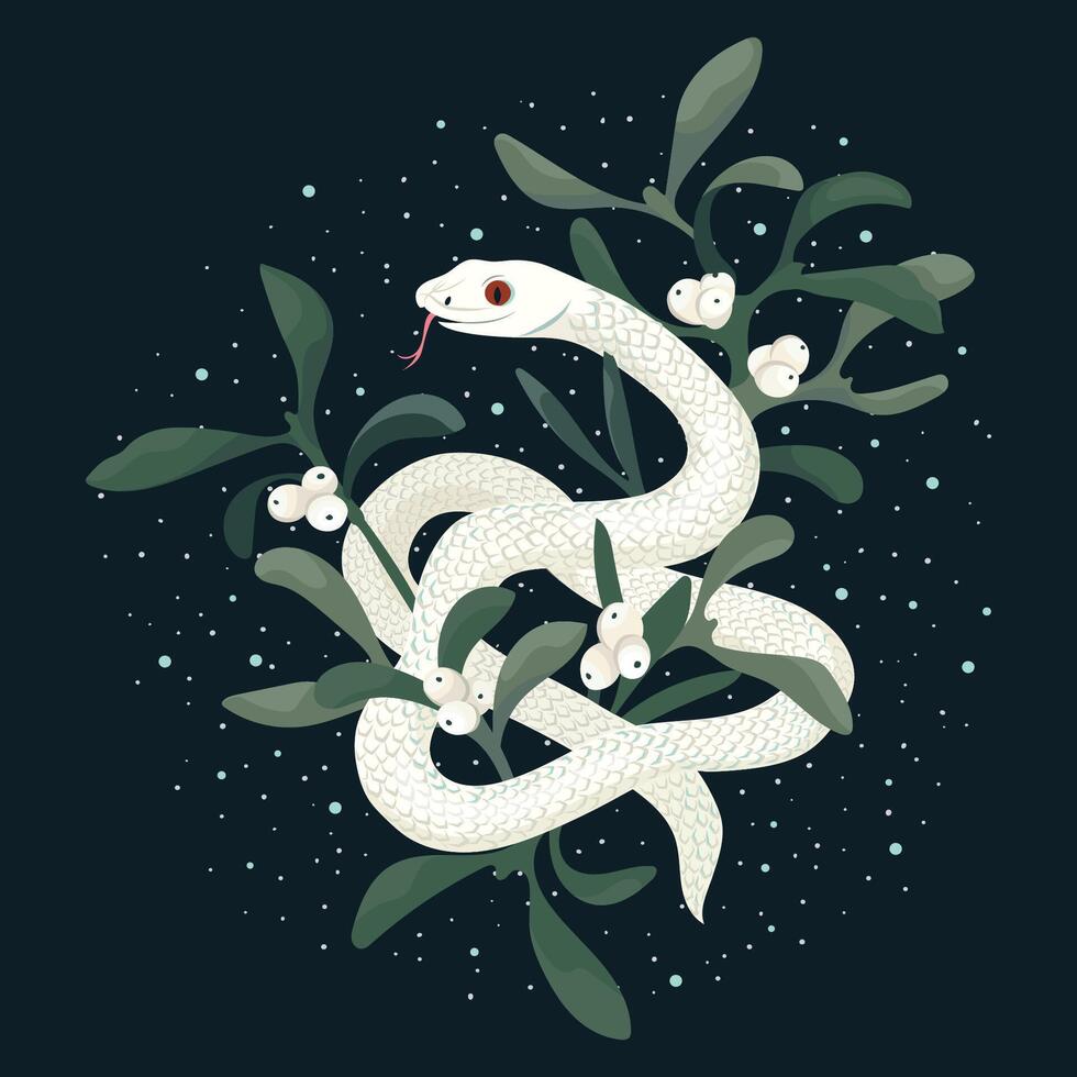 Snake in white mistletoe. winter illustration template for 2025 Year of Snake. Flowers composition with symbol of the Japanese new year Typography for print on t-shirt, card, flyer, banner vector