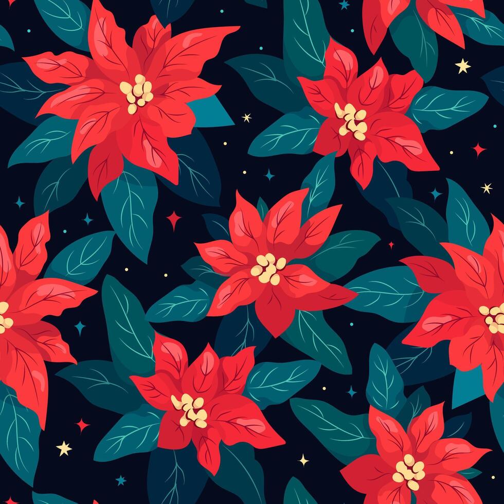 Seamless winter pattern with red poinsettia flowers in dark background. Christmas floral beautiful modern hand drawn texture. Flat design for fabric, textile, prints, wallpaper, covers vector