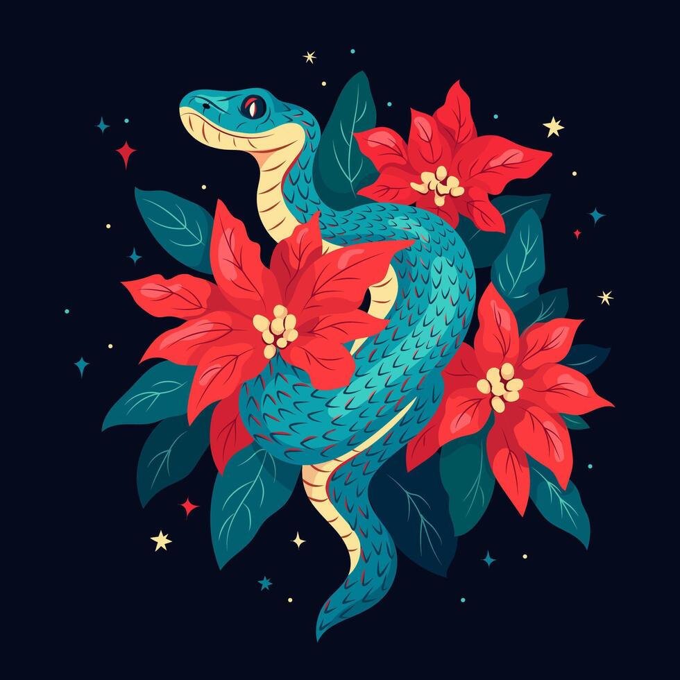 Snake with winter bouquet poinsettia. illustration template for 2025 Year of Snake. Flowers composition with symbol of the Japanese new year Typography for print on t-shirt, card, flyer, banner vector