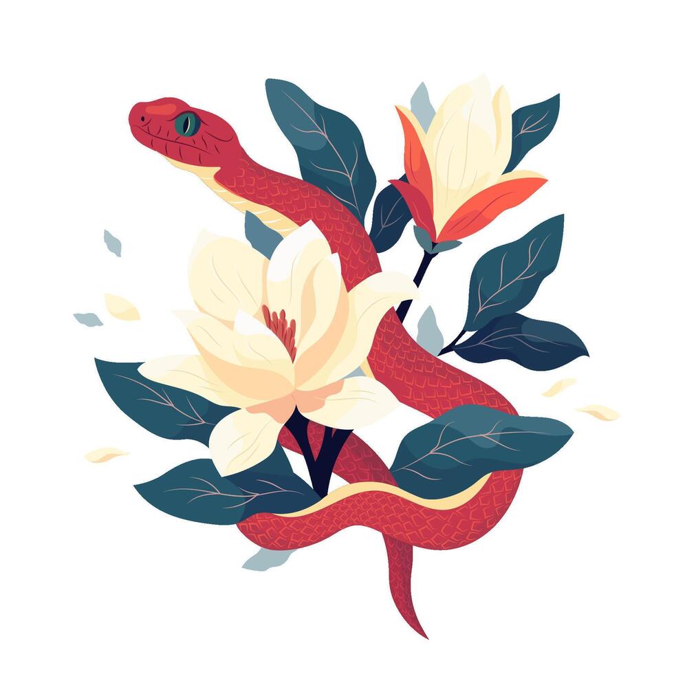 Snake with spring bouquet magnolias illustration template for the 2025 Year of Snake. Flowers composition with symbol of the Japanese new year. Typography for print on tee, card, flyer, banner vector