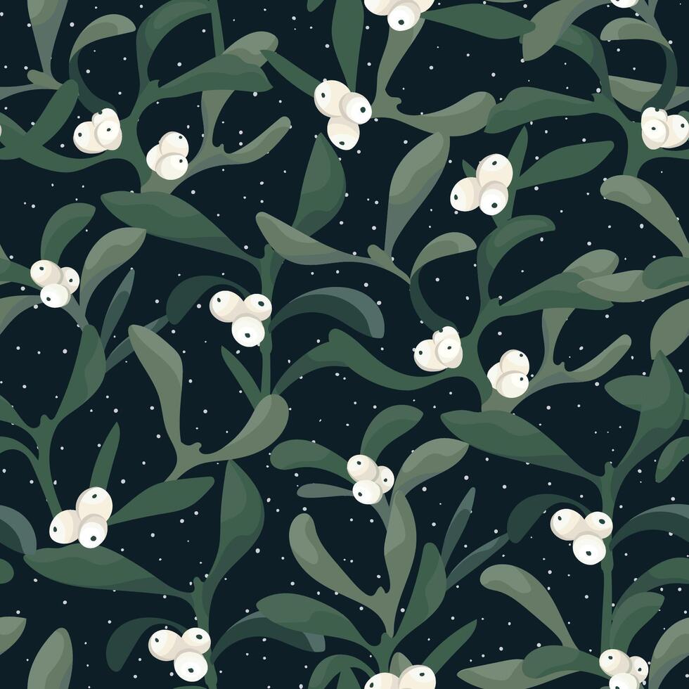 Seamless winter pattern with white mistletoe branches in dark background. Christmas floral beautiful modern hand drawn texture. Flat design for fabric, textile, prints, wallpaper, covers vector