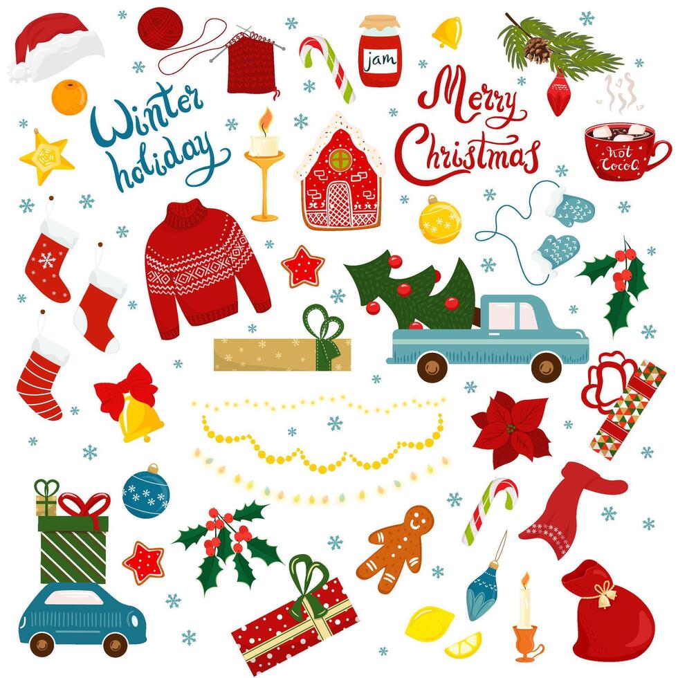 Collection of decor elements with lettering Merry Christmas and Happy New Year. Stylish illustration of winter leaves, toys, gifts, decorations. Template for scrapbooking stickers planner invitations vector