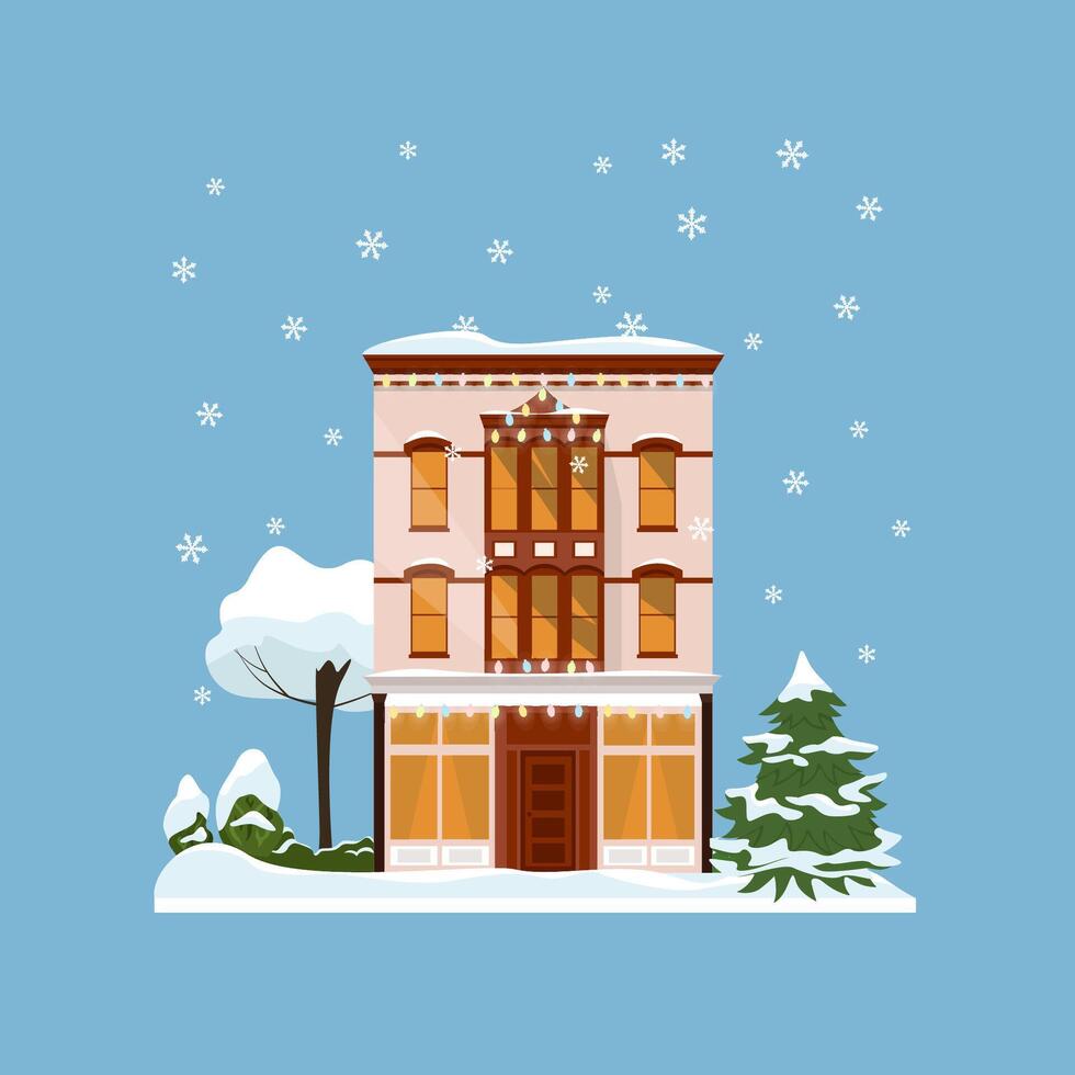 Decorated buildings for 2022 new year and christmas. Building with tree and fir tree at yard, construction facade with lanterns for xmas. Holiday and celebration,winter architecture vector