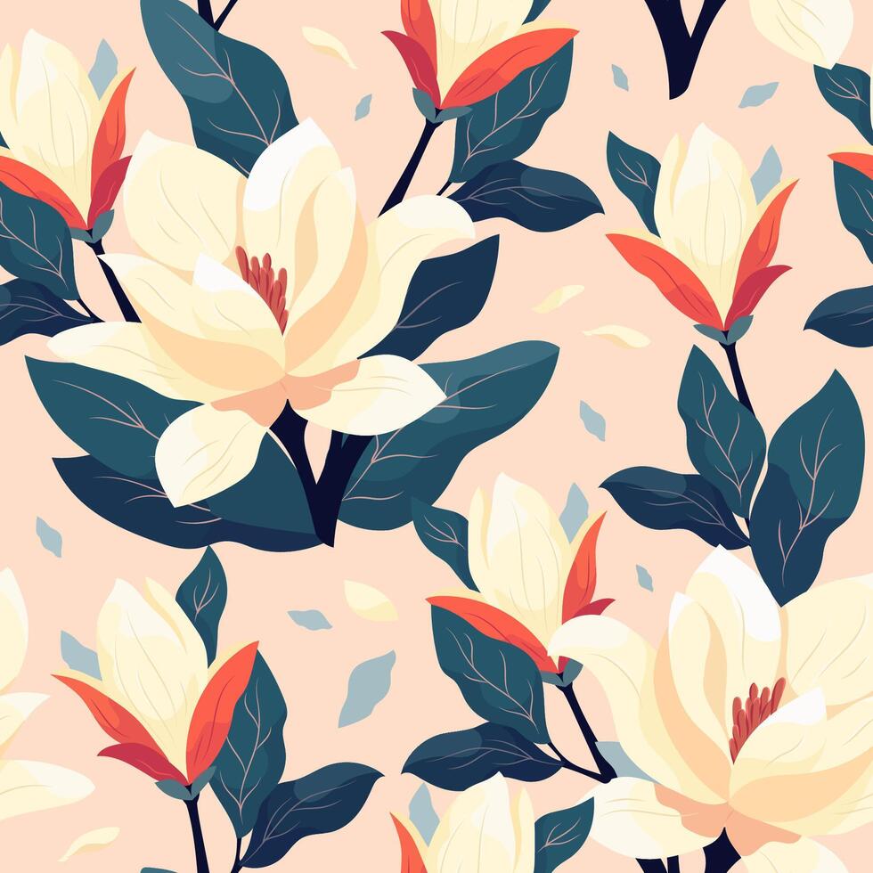 Seamless spring pattern with magnolias on pastel background. Garden summer flowers beautiful modern hand drawn texture. Flat wallpaper for gift wrap, fabric, prints, invitations, covers vector