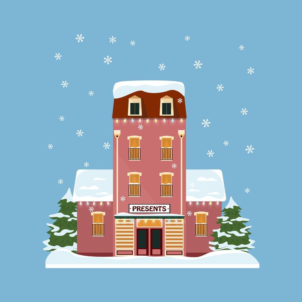 Decorated buildings for 2022 new year and christmas. Building with tree and fir tree at yard, construction facade with lanterns for xmas. Holiday and celebration,winter architecture vector