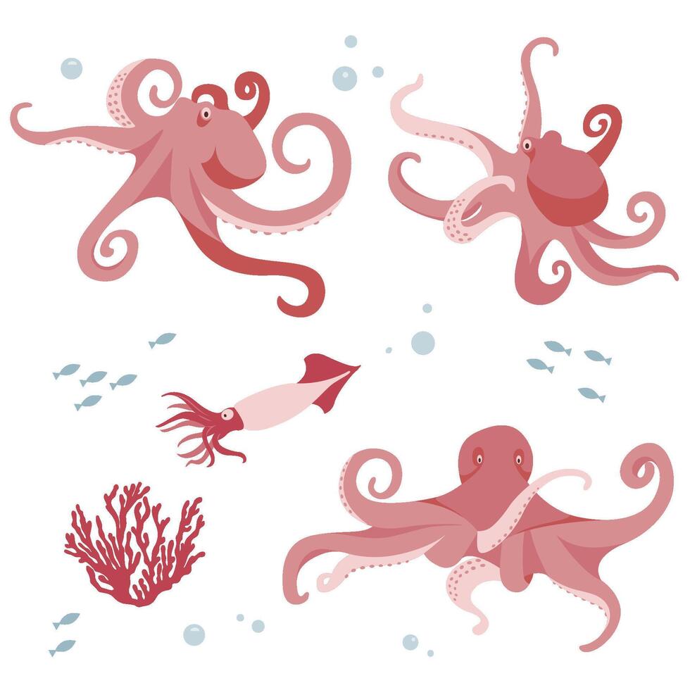 Set with octopus and squid in different poses flat illustration. Cheerful aquatic creature with eyes and tentacles isolated. Underwater wildlife habitat set nature sea fauna vector