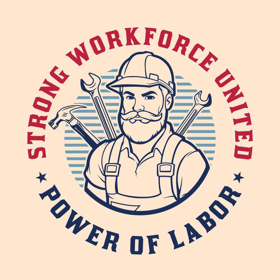 Construction worker Labor Day spanner tools vintage retro logo vector