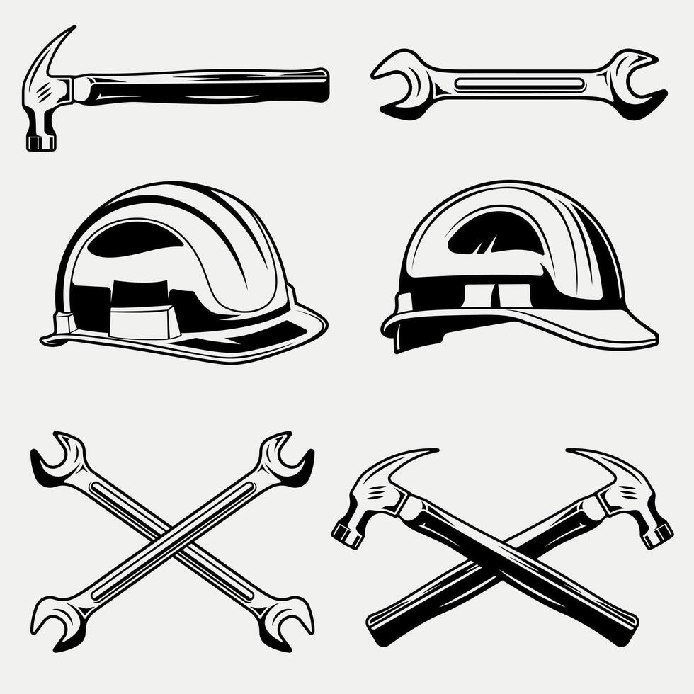 Labor Day design elements of spanner hammer helmet vintage monochrome labor tools vector