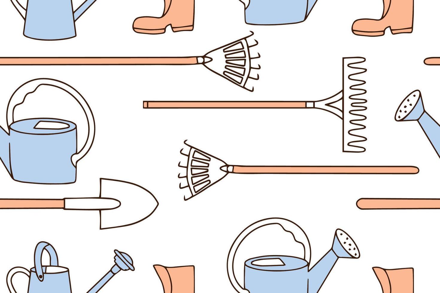 Gardening hand drawn seamless pattern, doodle ornament of gardening tools icons, illustration of shovel, watering can. vector