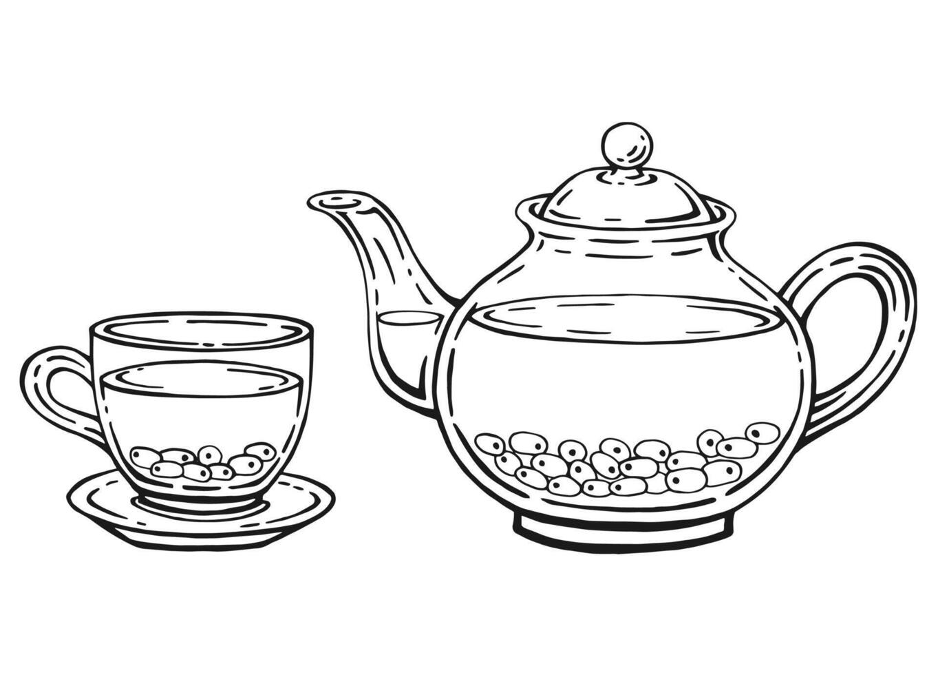Tea set with glass teapot and cup, sea buckthorn. Hand drawn illustration in outline style. vector