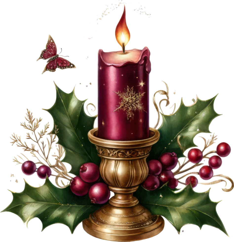 christmas decoration with candle and holly png